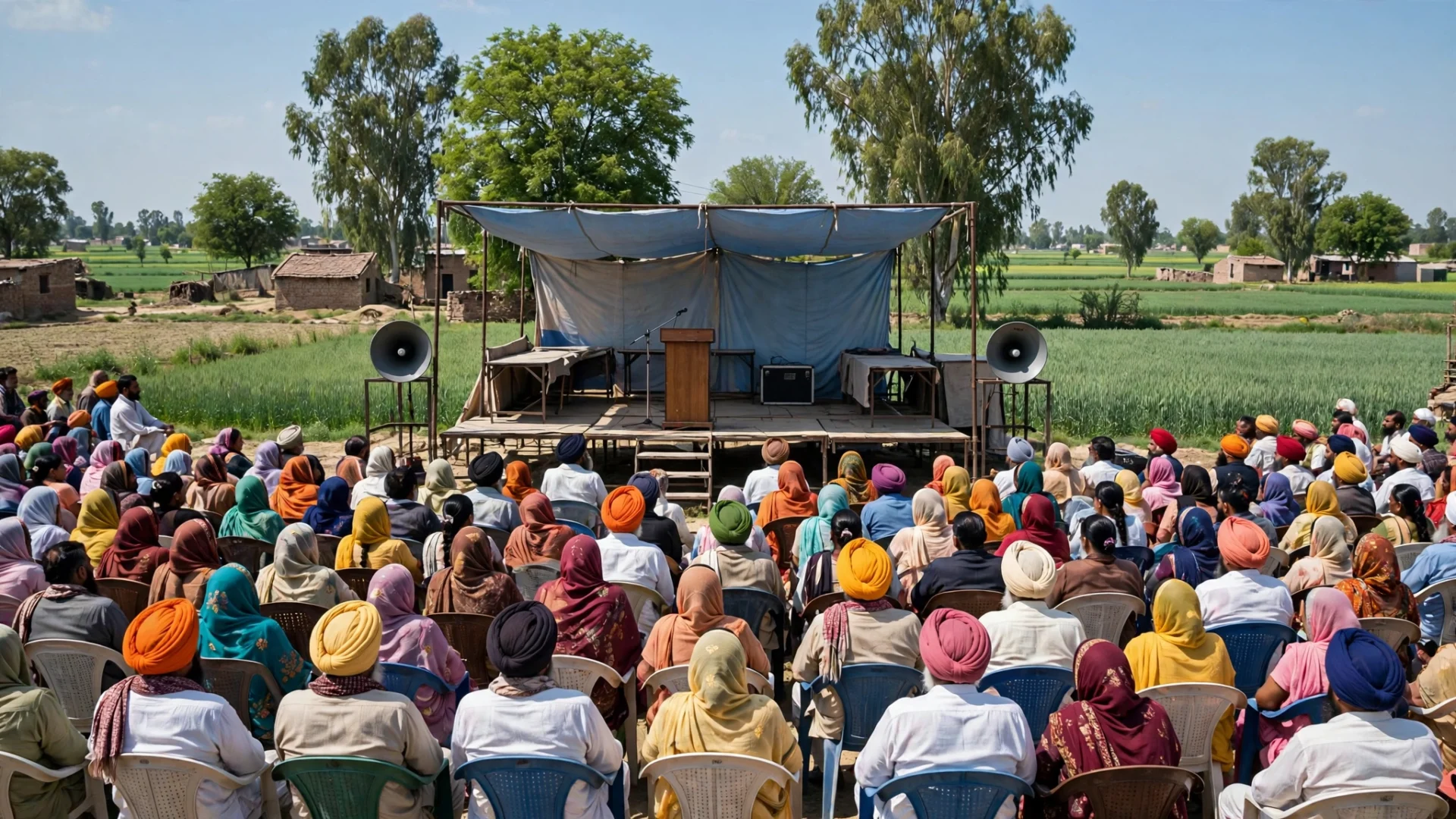 ਪੰਜਾਬ ਦੇ ਪਿੰਡ ’ਚ ਲੋਕ ਮਿਲਣੀ ਪ੍ਰੋਗਰਾਮ — ਸਟੇਜ ਅੱਗੇ ਬੈਠੀ ਭਾਰੀ ਭੀੜ