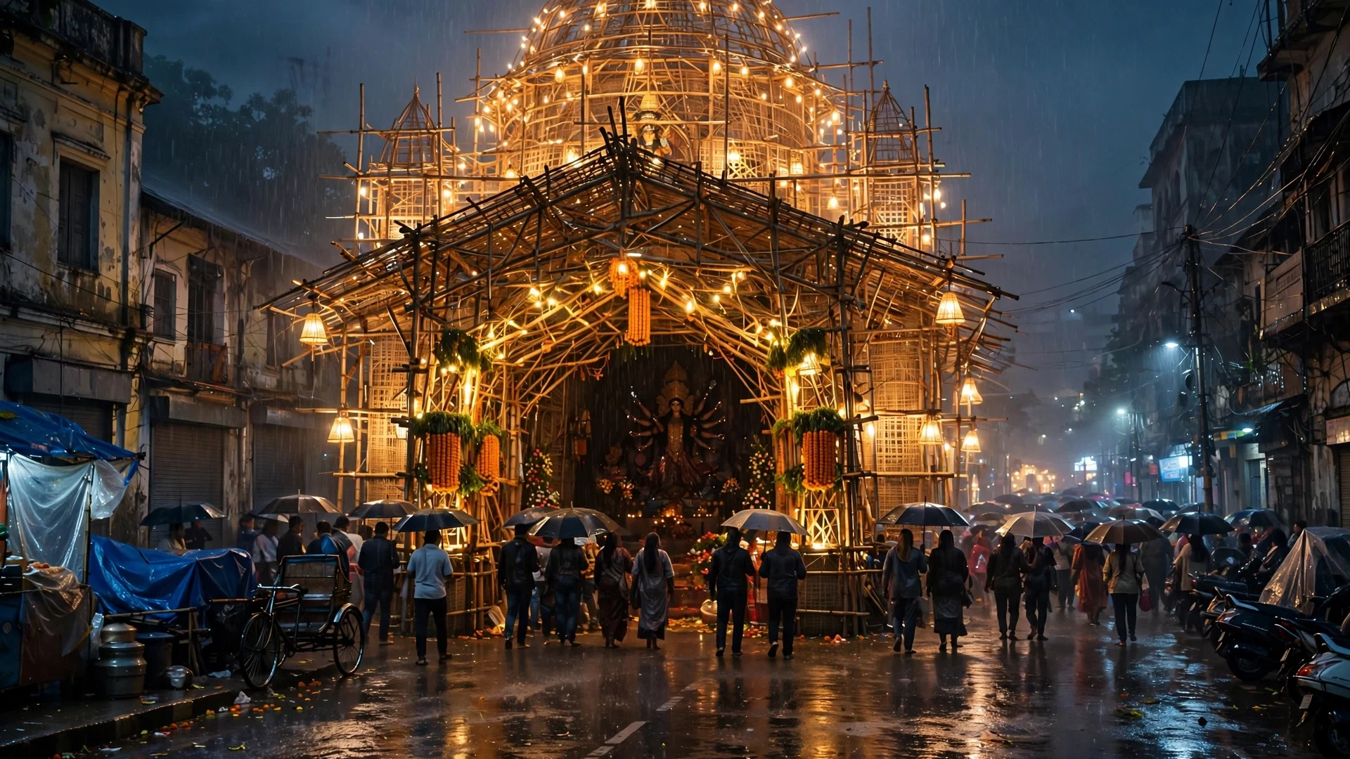 ਮੀਂਹ ਵਿੱਚ ਕੋਲਕਾਤਾ ਦੇ ਚੋਰਬਾਗਾਨ ਦੁਰਗਾ ਪੂਜਾ ਪੰਡਾਲ ਦਾ ਰਾਤ ਦਾ ਦ੍ਰਿਸ਼ — ਭਗਦੜ ਵਾਲੀ ਥਾਂ ਦਾ ਪ੍ਰਤੀਕਾਤਮਕ ਚਿੱਤਰ