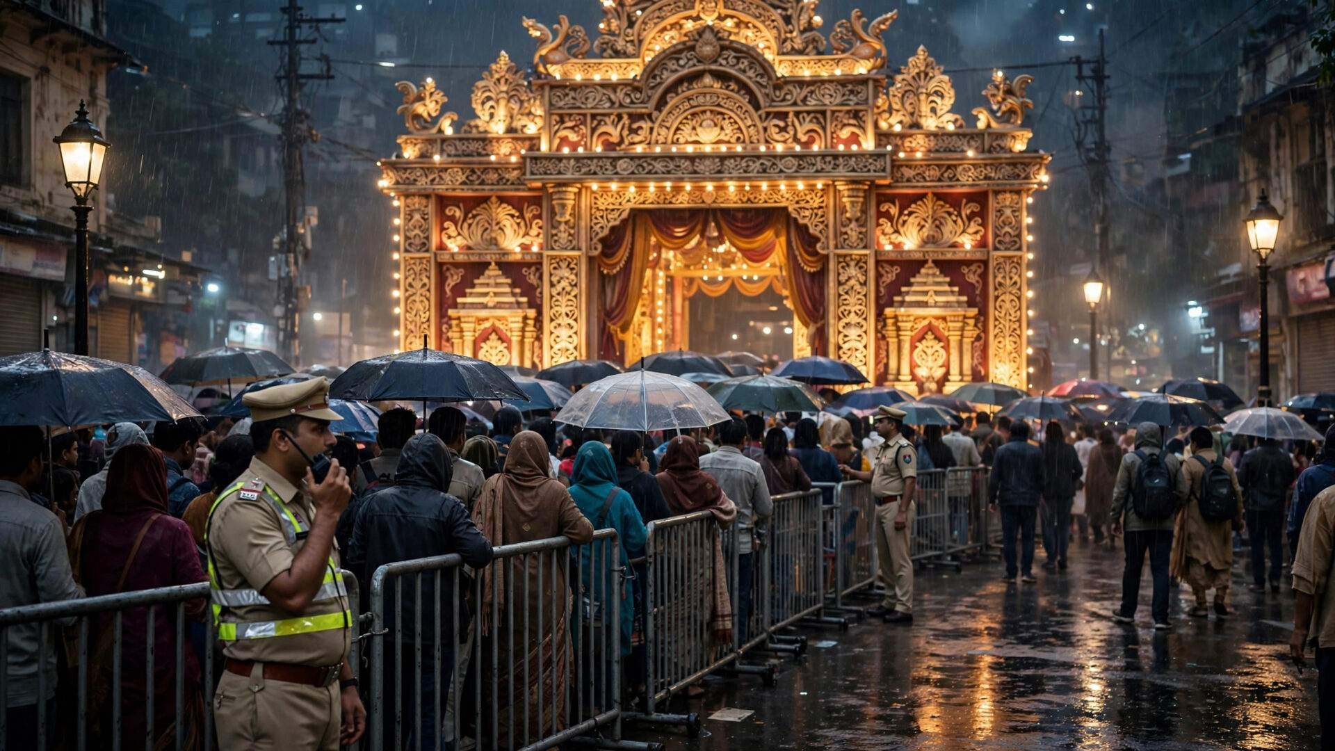 ਰਾਤ ਨੂੰ ਰੌਸ਼ਨੀਆਂ ਨਾਲ ਜਗਮਗਾਉਂਦੇ ਕੋਲਕਾਤਾ ਦੁਰਗਾ ਪੂਜਾ ਪੰਡਾਲ ਦੇ ਬਾਹਰ ਪੁਲਿਸ ਬੈਰਿਕੇਡ ਅਤੇ ਭੀੜ, ਜਿੱਥੇ ਭਗਦੜ ਮਗਰੋਂ ਜਾਂਚ ਚੱਲ ਰਹੀ ਹੈ