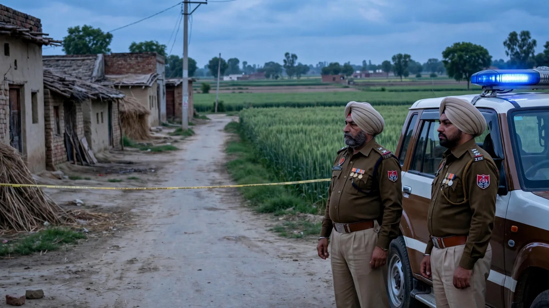 ਸ਼ਾਮ ਵੇਲੇ ਪੰਜਾਬ ਦੇ ਪਿੰਡ ਦੀ ਗਲੀ 'ਤੇ ਪੁਲਿਸ ਟੇਪ ਅਤੇ ਪੰਜਾਬ ਪੁਲਿਸ ਦੇ ਮੁਲਾਜ਼ਮ — ਗੁਰਦਾਸਪੁਰ ਕਤਲ ਮਾਮਲਾ