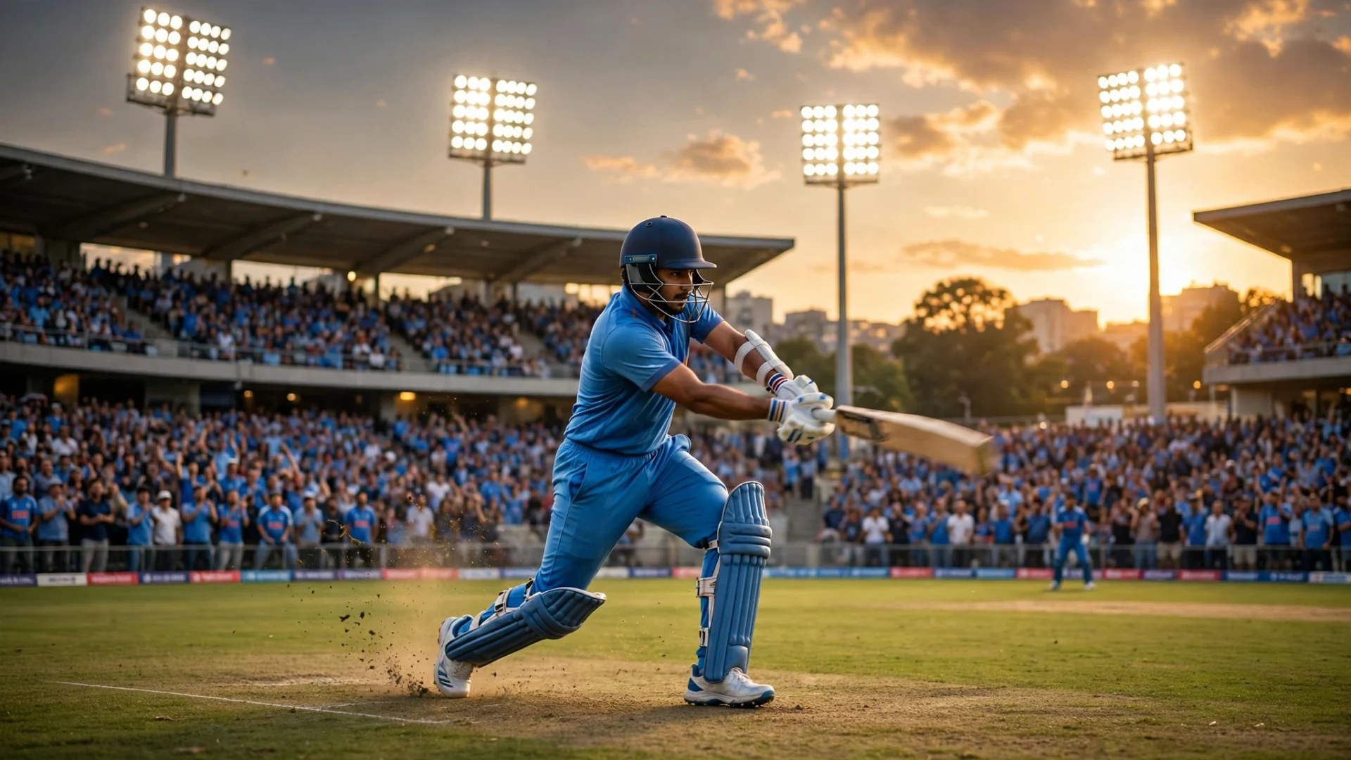 ਫਲੱਡਲਾਈਟਾਂ ਹੇਠ ਸਟੇਡੀਅਮ ਵਿੱਚ ਕਵਰ ਡਰਾਈਵ ਖੇਡਦਾ ਨੀਲੀ ਜਰਸੀ ਵਾਲਾ ਬੱਲੇਬਾਜ਼