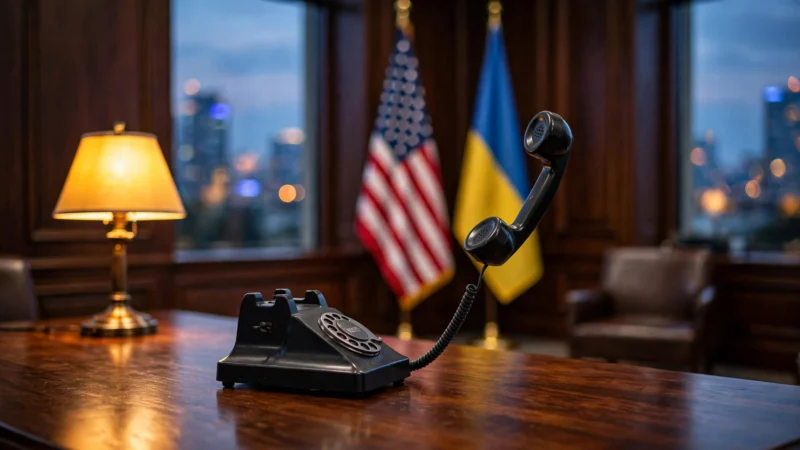 ਡੈਸਕ 'ਤੇ ਉੱਠਿਆ ਫ਼ੋਨ, ਪਿੱਛੇ ਅਮਰੀਕੀ ਤੇ ਯੂਕਰੇਨੀ ਝੰਡੇ ਵਾਲਾ ਕੂਟਨੀਤਕ ਦਫ਼ਤਰ