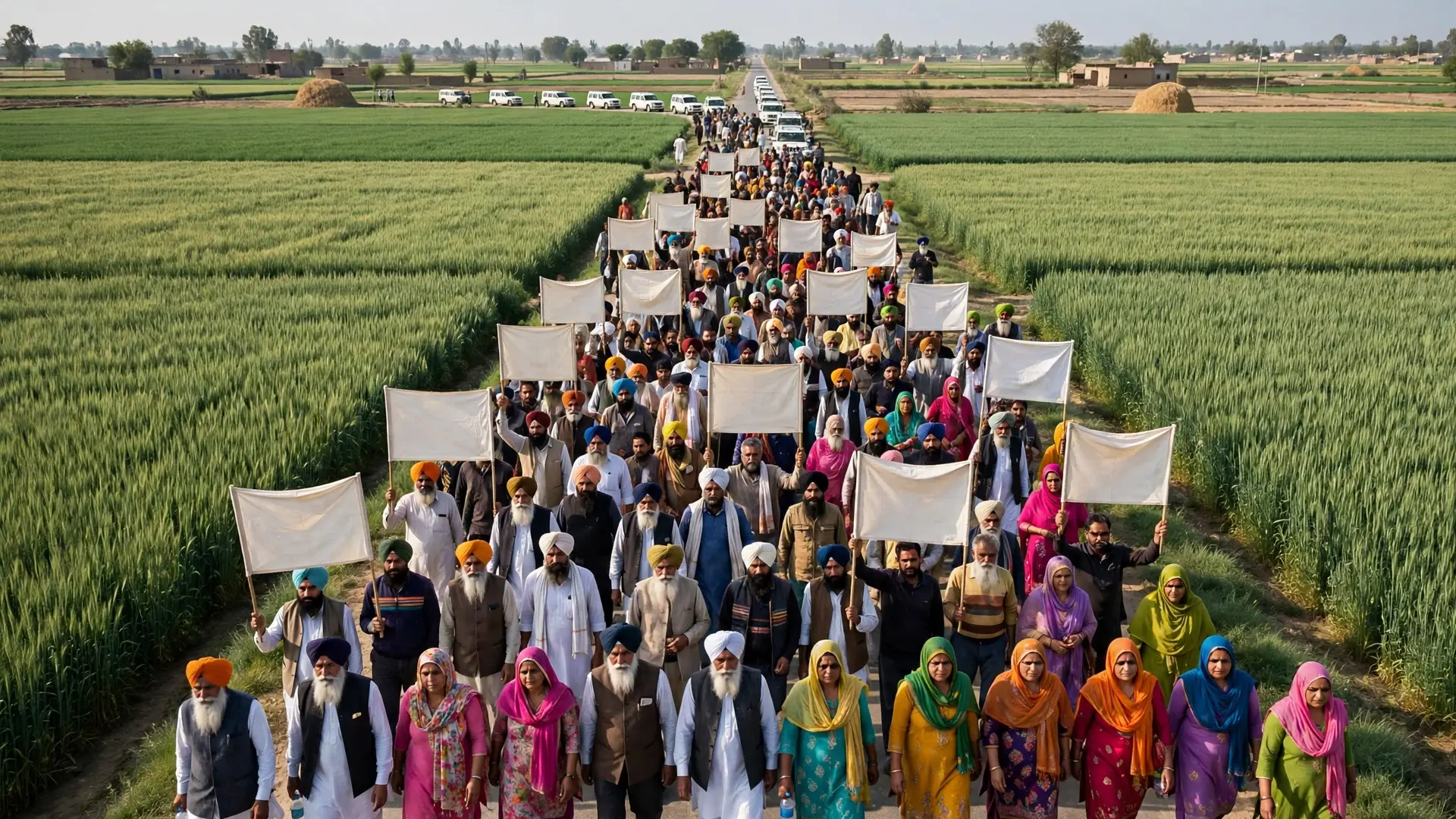 ਪੰਜਾਬ ਦੇ ਖੇਤਾਂ ਵਿਚੋਂ ਲੰਘਦੀ ਲੋਕਾਂ ਦੀ ਯਾਤਰਾ — ਲੋਕ ਬਿਨਾ ਲਿਖਤ ਬੈਨਰ ਚੁੱਕੀ ਅੱਗੇ ਵਧਦੇ ਹੋਏ